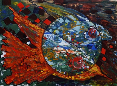"Fish behind the porthole"
Oil on canvas  Painting
Size 30 x 40 inches.
Price $ 999
This is an original oil on canvas painting, framed with simple wooden frame.
It is signed on the front, and titled & signed on the back as well.
