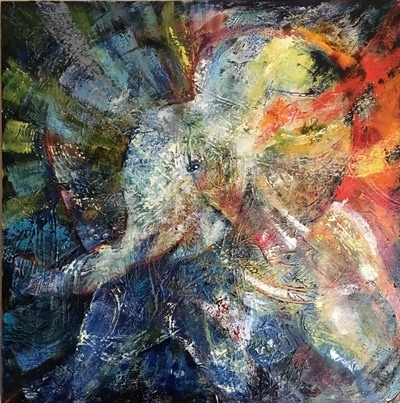 “DANCING ELEPHANT, NIGHT"
Size 36 x 36 inches.
Price $1300
This is an original oil on canvas painting, framed with simple wooden frame.
It is signed on the front, and titled & signed on the back as well.