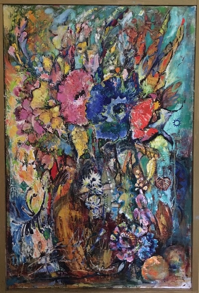 “STILL LIFE "
Size 40 X 30  inches.
Price $2300
This is an original oil on canvas painting, framed with simple wooden frame.
It is signed on the front, and titled & signed on the back as well.