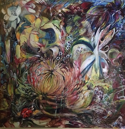 “SUMMER REMINISCENCE"
Size 36 x 36 inches.
Price $1300
This is an original oil on canvas painting, framed with simple wooden frame.
It is signed on the front, and titled & signed on the back as well.