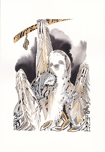 Mother sloth contemplating future of her baby son.
9 x 6 inches. Ink , Paper
$230