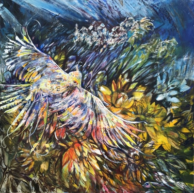 “Thunder, Bird and Sunflowers"
Size 36 x 36 inches.
Price $1300
This is an original oil on canvas painting, framed with simple wooden frame.
It is signed on the front, and titled & signed on the back as well.
