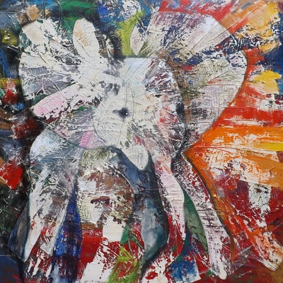 “LAUGHING ELEPHANT, "
Size 36 x 36 inches.
SOLD
This is an original oil on canvas painting, framed with simple wooden frame.
It is signed on the front, and titled & signed on the back as well.