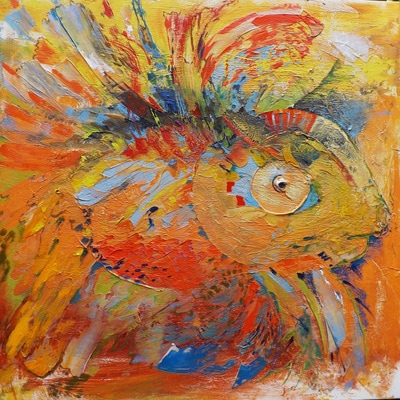 “FISH"
Size 36 x 36 inches.
SOLD
This is an original oil on canvas painting, framed with simple wooden frame.
It is signed on the front, and titled & signed on the back as well.
